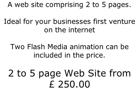 A web site comprising 2 to 5 pages.  Ideal for your businesses first venture on the internet  Two Flash Media animation can be included in the price.   2 to 5 page Web Site from £ 250.00