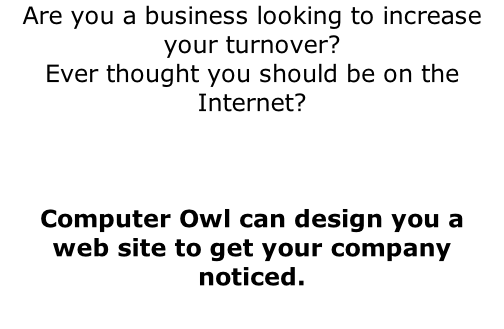Are you a business looking to increase your turnover? Ever thought you should be on the Internet?    Computer Owl can design you a web site to get your company noticed.